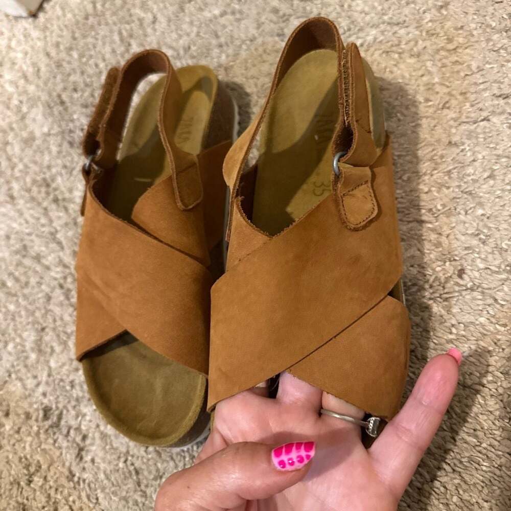 ZARA Footwear Brown Suede Cross Strap Backstrap Platform Sandals Size 4 - Picture 1 of 6